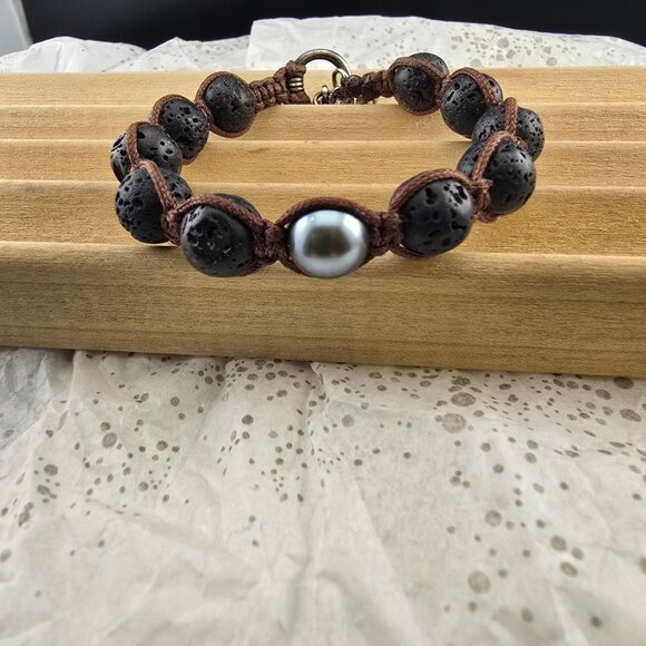 Oliver Smith BOHO 925 Sterling Silver Clasp Lava and Pearl Bead Bracelet - Picture 1 of 8